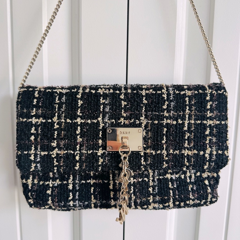 DKNY Cleo Clutch Black Gold Tweed Chain and Logo Charms
